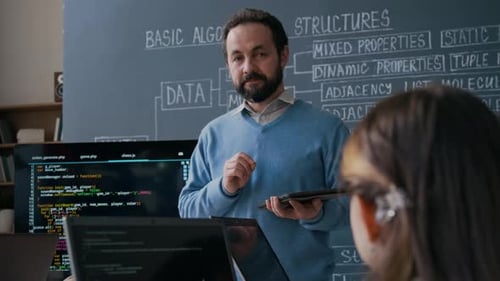 Caucasian Male Coding Teacher Explaining New Algorithm to Students