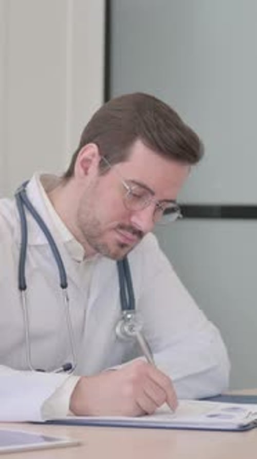 Doctor Working on Documents in Clinic, Paperwork, vertical video