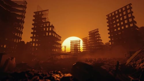 Post-Apocalyptic Cityscape with Setting Sun and Destroyed Buildings
