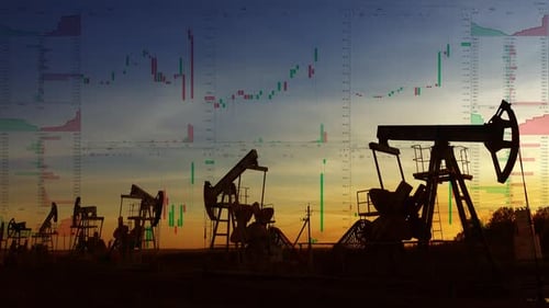 Oil Pumps Silhouette and Financial Charts