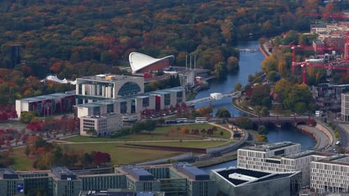 Aerial Video Capturing German Chancellery Spree River and Government District in Berlin on a Vibrant