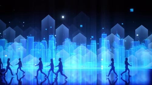 Futuristic Digital City with Silhouetted People Walking Loop