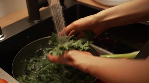 Water Cascading Over Kale Leaves Chef's Hands Rinsing Green Vegetables Near Kitchen Sink Preparing