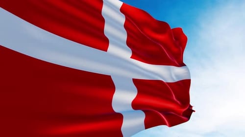 Realistic Denmark Flag Waving In Blue Sky