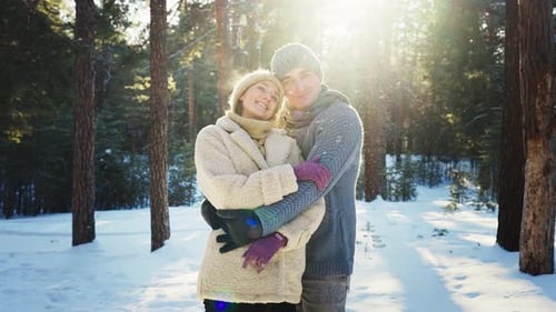 Valentine's Day Date Young Stylish Loving Couple Walking in Winter Park