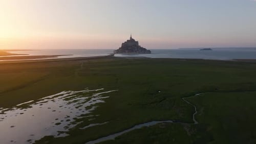 Flying towards Mont St Michel During sunset