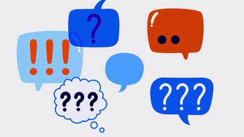 Animação crescente de bolhas de perguntas e respostas em fundo branco.