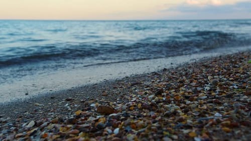 Sea Water Waves Splashing Sand Beach Sunset Closeup in . Close