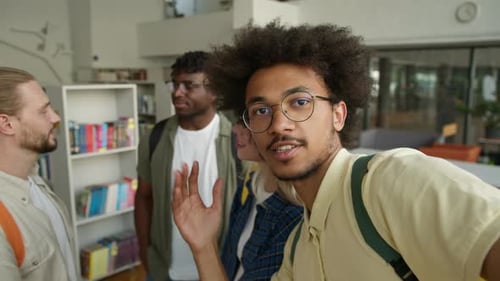 Webcam View Four Diversity Students Smiling Cheerful Posing for Selfie Photo Social Media Vlog