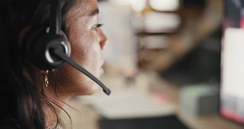 Woman, call center and talking with headphones for customer service, support