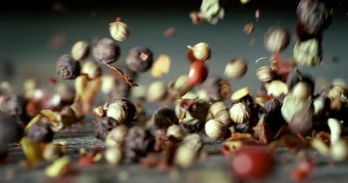 Mixed peppercorns in a super slow motion. Dry mix peppercorns close up.