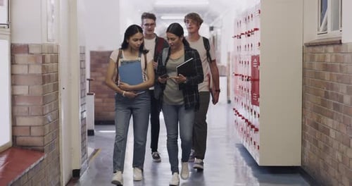 Teen Students Walking Down Bright School Hallway