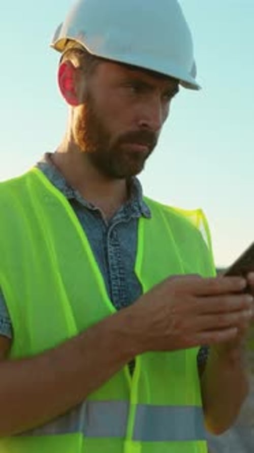A Construction Worker Wearing a Safety Helmet While Utilizing a Smartphone on the Work Site