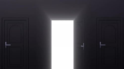 Light shone from the open door, a black door in dark black room. Filling the room with bright