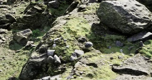 Rocky Terrain Covered with Green Moss in a Natural Landscape Setting