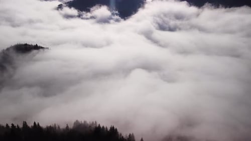 Aerial Drone View of Fog and a Cloud Inversion in a Forest Mountain Landscape