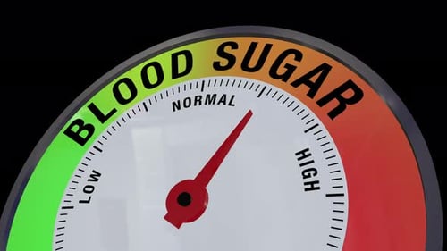 Blood sugar level gauge animation showing low, normal, and high ranges