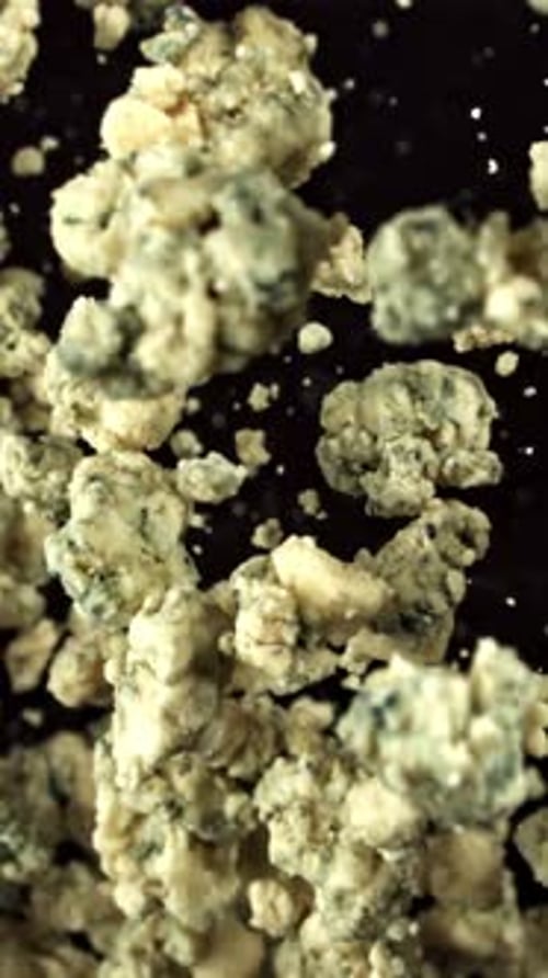 Super Slow Motion Blue Cheese Pieces Filmed on a Highspeed Camera at 1000 Fps