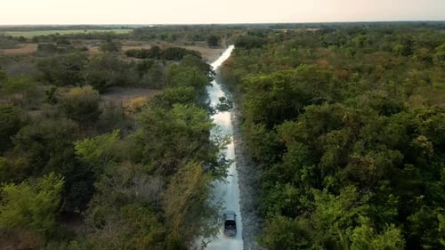 All-terrain off-road truck on dirt road or gap following a vehicle on a forest landscape road