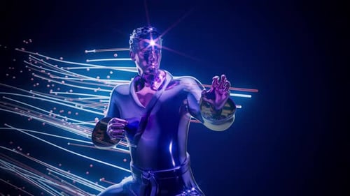 Cybernetic Martial Artist Training with Dynamic Glowing Energy Trails