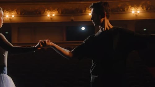 Ballet Dancers Perform Ballet Movements on Theater Stage