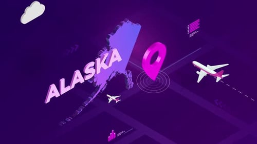 Isometric Alaska Map with Travel Location Pin and Airplanes
