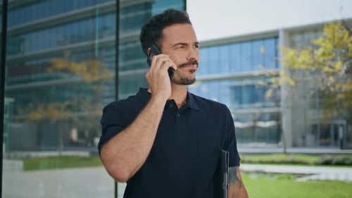 Serious Guy Talking Phone at Office Building Background Close Up Man Saying No