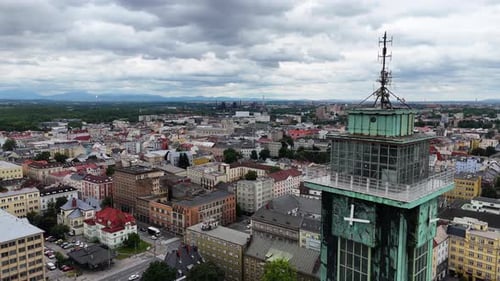 Flight next to the Lookout Tower of the New City Hall in Ostrava, Czech Republic