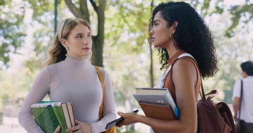 Education, diversity and student friends talking on university campus together in summer