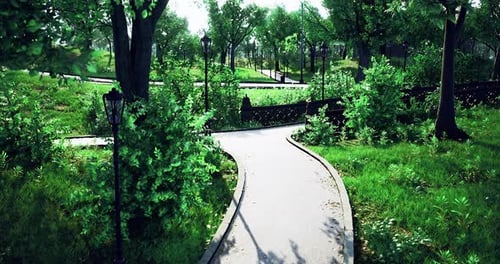 Winding Paths Create a Serene Escape in a Lush Green Park in Springtime