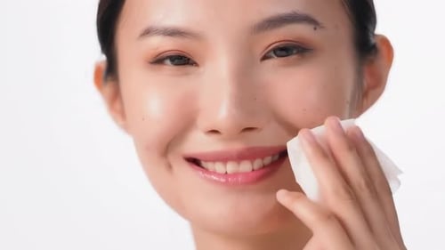 Beautiful young girl female with healthy skin doing makeup using wet wipes to moisturize. concept of