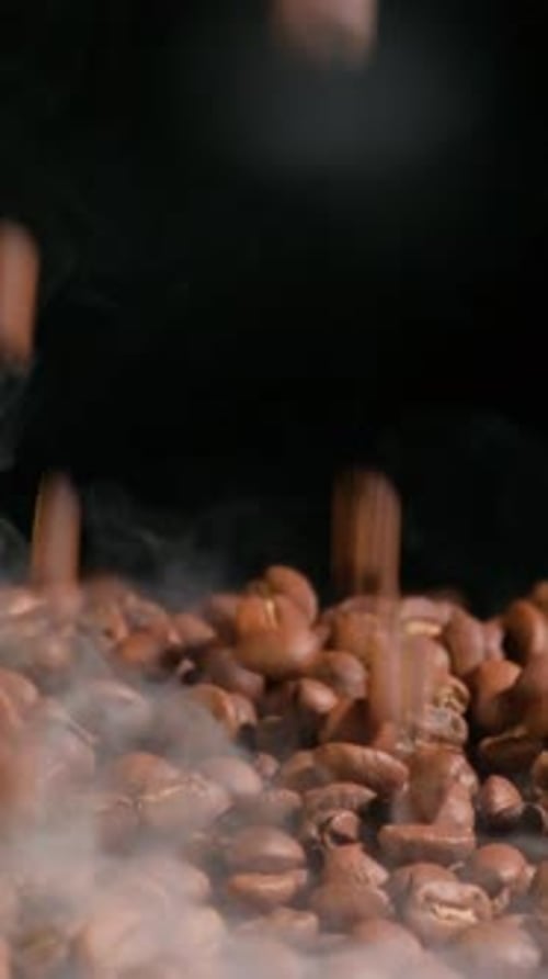 Vertical slow motion of roasted coffee beans falling. Organic coffee seeds.