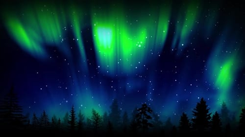Fond en boucle animé d'aurores boréales avec une forêt
