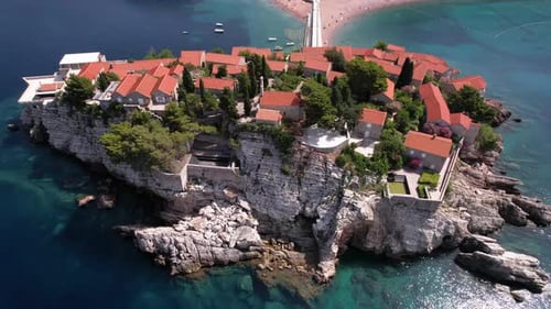 Sveti Stefan, Montenegro. Aerial View of Small Island With Old Stone Houses, Exclusive Resort