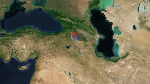 World Map Zoom to Armenia with National Flag Highlight Animation
