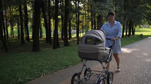 Young Woman in Summer Walking with Baby Stroller