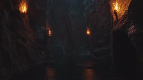 Animation Of A Passage Through Dark Cave With Burning Torches