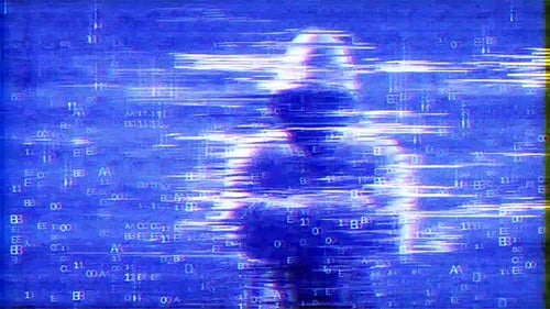 Anonymous Hooded Figure Glitch Effect with Digital Code Background