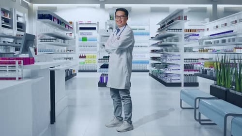 Side View Of Asian Male Doctor With Stethoscope Crossing His Arms And Smiling In Pharmacy