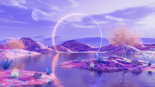 Colorful Nature Landscape Abstract Background With Lake And Neon Frame