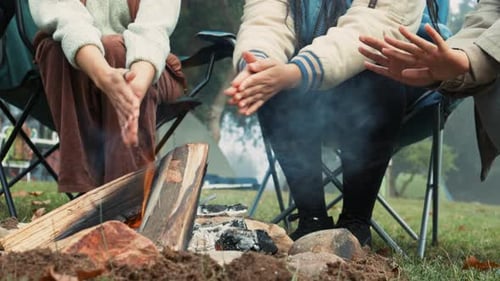 Wood, fire and warm hands on camping, trip or adventure in nature, forest