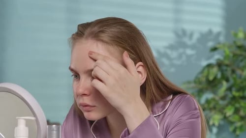 Une femme scrute son visage dans le miroir, son front, son nez, une jeune femme à problèmes de peau la recouvrant