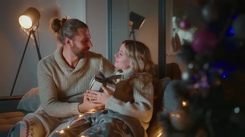 Affectionate Couple Exchanging Gifts at Christmas