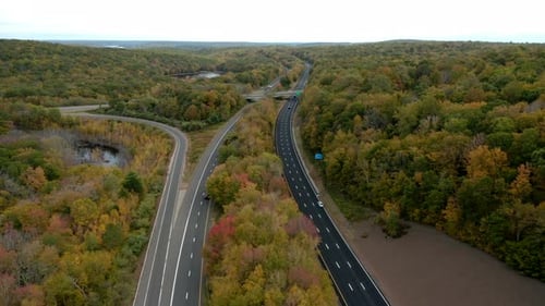Aerial view of vehicles driving on the highway in the United States.