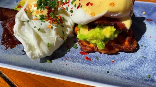 Close Up of Poached Eggs, Waffles, and Bacon