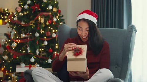 Young Adult Woman Opening Christmas Gift By Tree