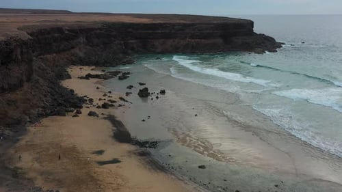 Aerial view of Playa de la Escalera in Fuerteventura on a cloudy day