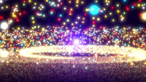 Abstract flying in a spiral exploding particles background. Dot particle rotate glowing animation