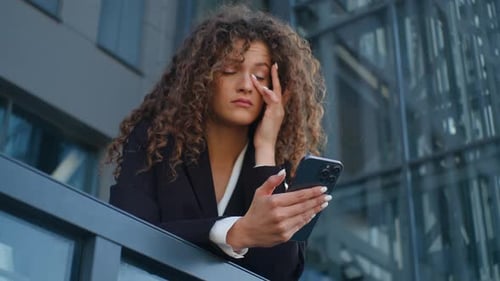 Stressed Caucasian Business Woman Using Mobile Phone Feeling Headache Eyes Discomfort Feeling Tired