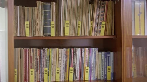 A shot of a wooden book cabinet filled with different books.
